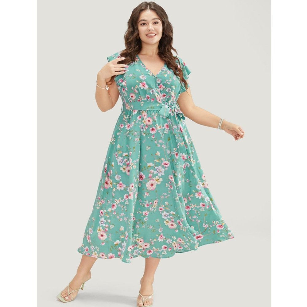 NWT BloomChic Floral Ruffle Surplice Neck Pocket Belted Split Dress 14-16/1X